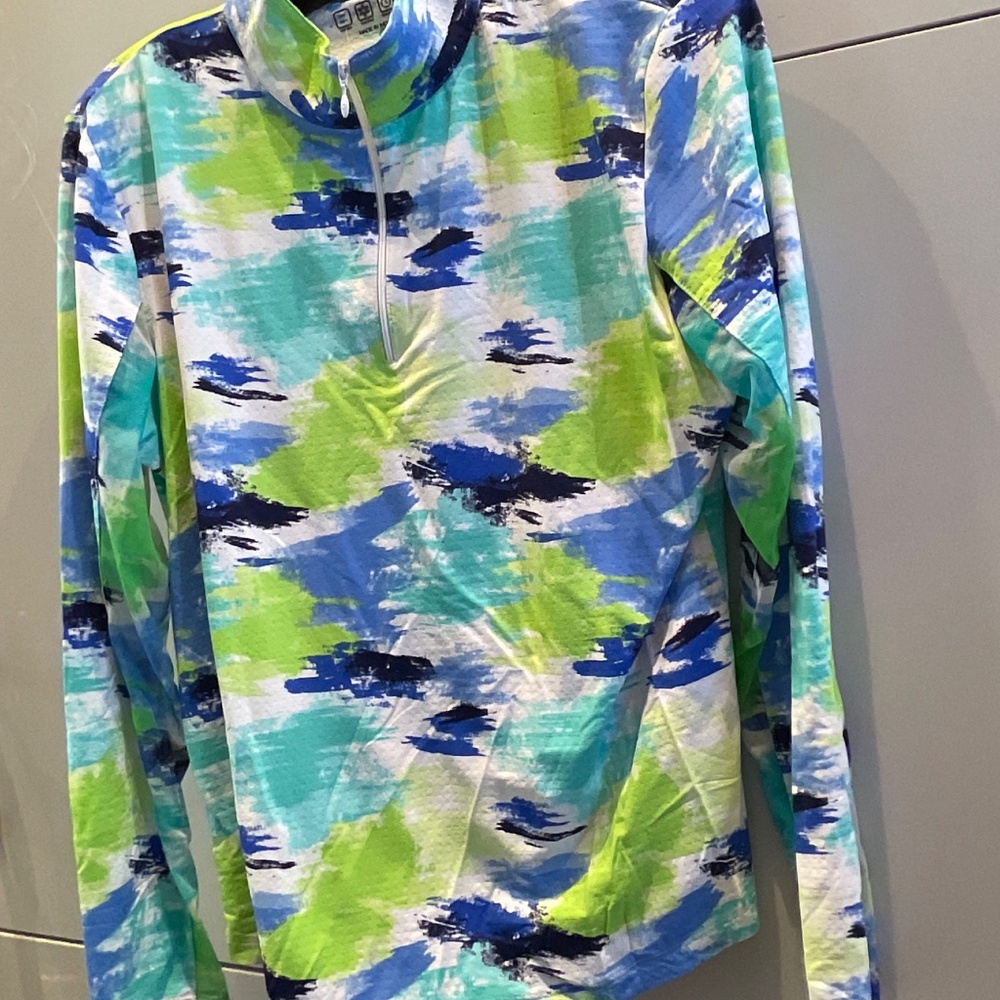 IBKUL MOCK NECK LONG SLEVE UPF+50 1/4 ZIP  SHADES OF  BLUE  GREEN AND WHITE